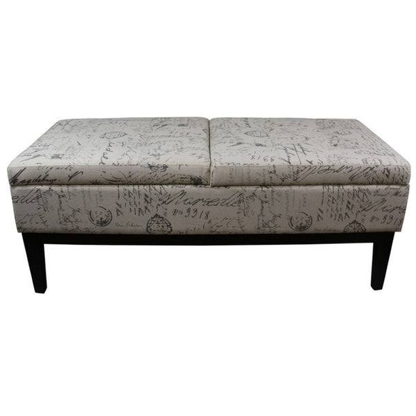 HomeRoots Black Vintage Postcard Print Dual Lift Storage Bench - Stylish Seating & Ample Hidden Storage Solution 469322