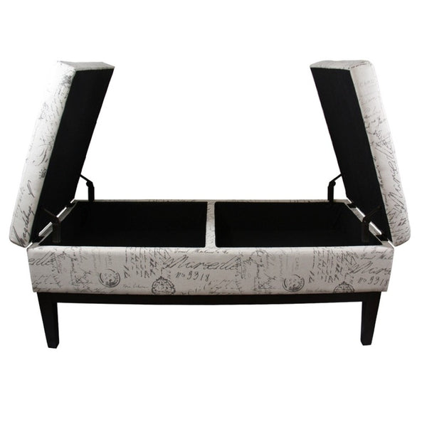 HomeRoots Black Vintage Postcard Print Dual Lift Storage Bench - Stylish Seating & Ample Hidden Storage Solution 469322