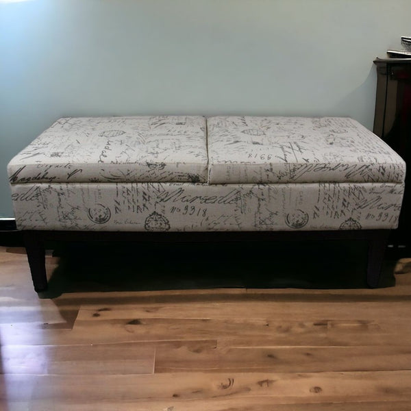 HomeRoots Black Vintage Postcard Print Dual Lift Storage Bench - Stylish Seating & Ample Hidden Storage Solution 469322
