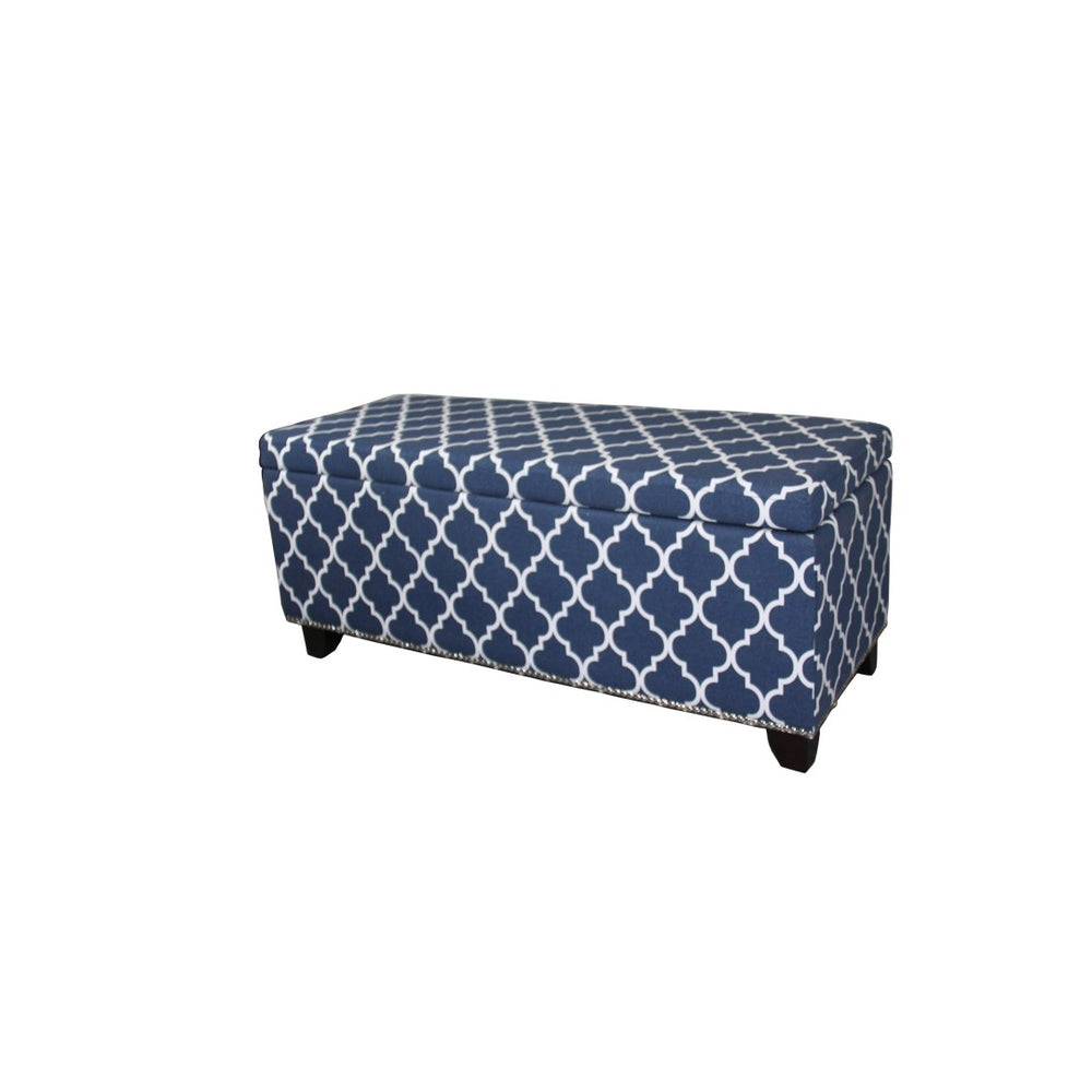 HomeRoots 42" Blue and White Quatrefoil Upholstered Storage Bench with Flip-Top, Stylish Seating & Organizing Solution 469343