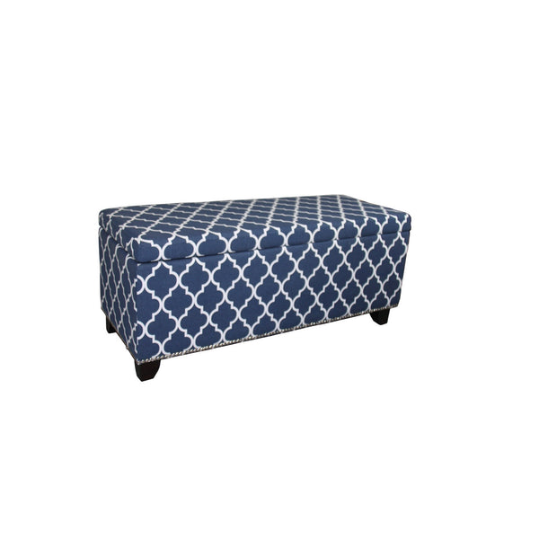 Homeroots 42" Blue And White And Dark Brown Upholstered Polyester Quatrefoil Bench With Flip Top  Manufactured Wood 469343