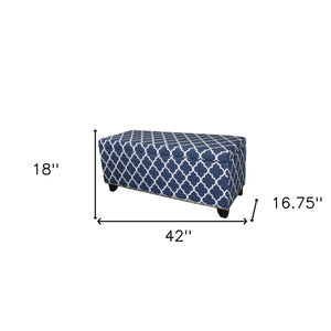 Homeroots 42" Blue And White And Dark Brown Upholstered Polyester Quatrefoil Bench With Flip Top  Manufactured Wood 469343