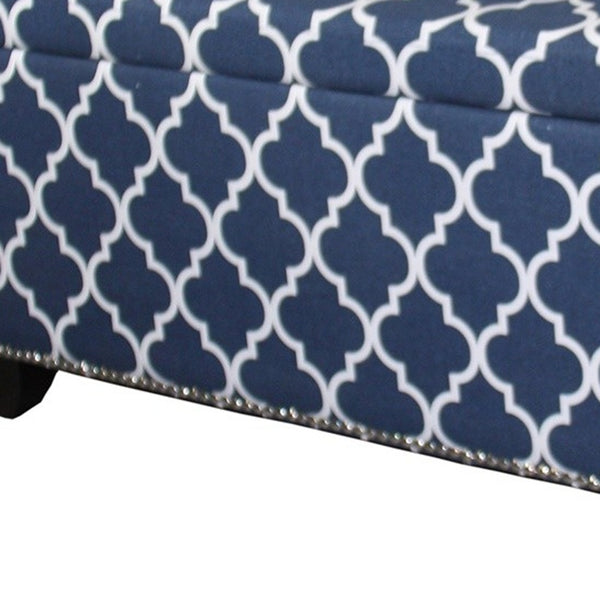 Homeroots 42" Blue And White And Dark Brown Upholstered Polyester Quatrefoil Bench With Flip Top  Manufactured Wood 469343