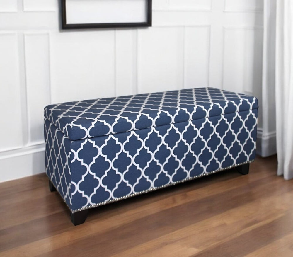 HomeRoots 42" Blue and White Quatrefoil Upholstered Storage Bench with Flip-Top, Stylish Seating & Organizing Solution 469343