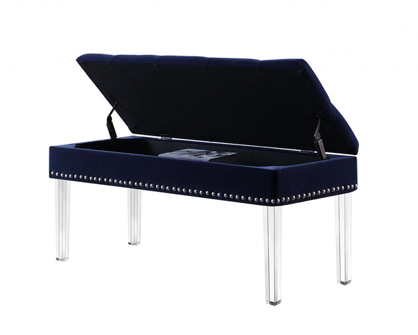 Homeroots 42" Navy Blue Velvet And Clear Acrylic Storage Bench  Acrylic 469358