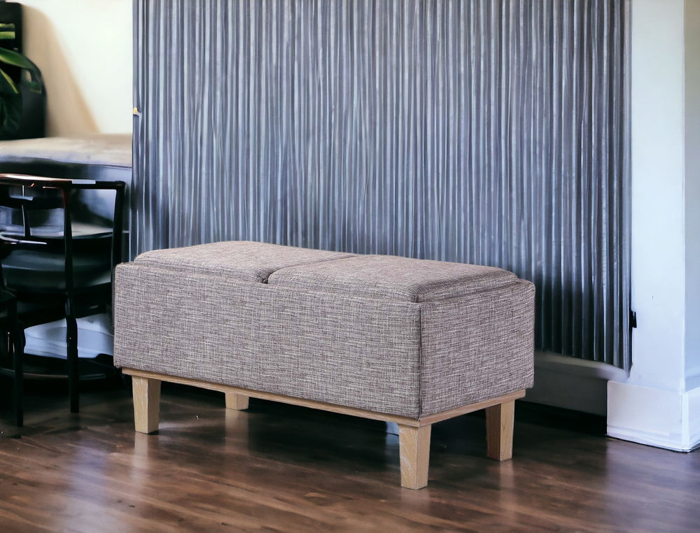 Homeroots 17" Gray And Natural Upholstered Linen Bench With Flip Top  Solid Wood 469360