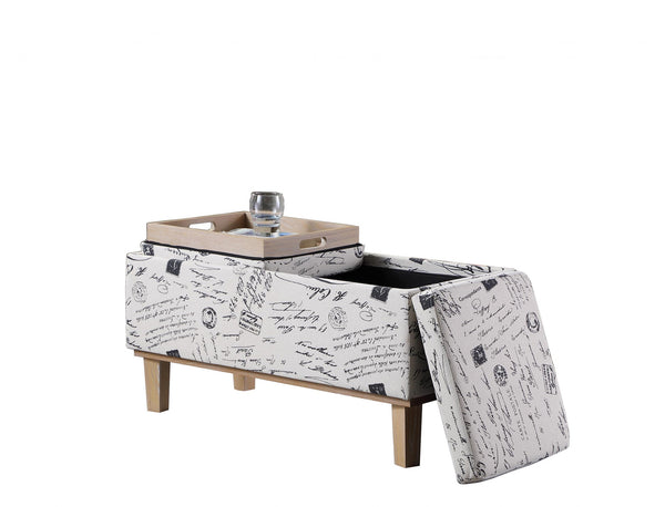 Homeroots 17" Black And White And Natural Upholstered Polyester Bench With Flip Top  Solid Wood 469361