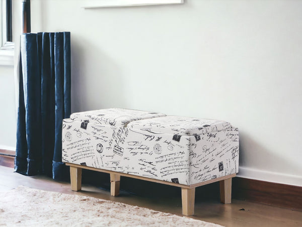 Homeroots 17" Black And White And Natural Upholstered Polyester Bench With Flip Top  Solid Wood 469361