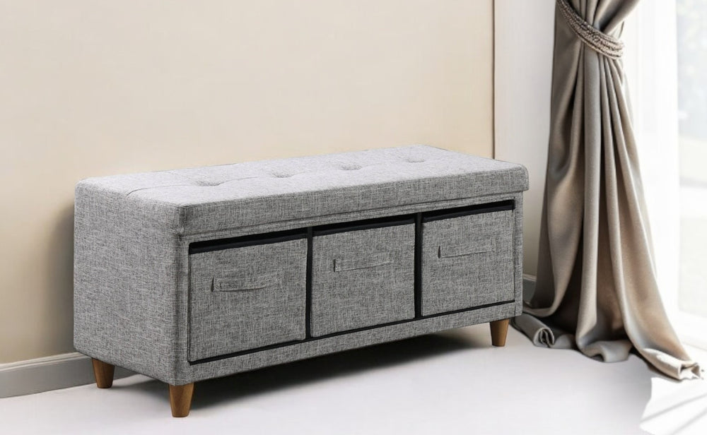 Homeroots 40" Gray And Brown Tufted Fabric Upholstered Storage Bench With Drawers Gray Cotton 469370