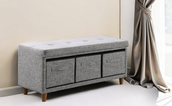 Homeroots 40" Gray And Brown Tufted Fabric Upholstered Storage Bench With Drawers Gray Cotton 469370