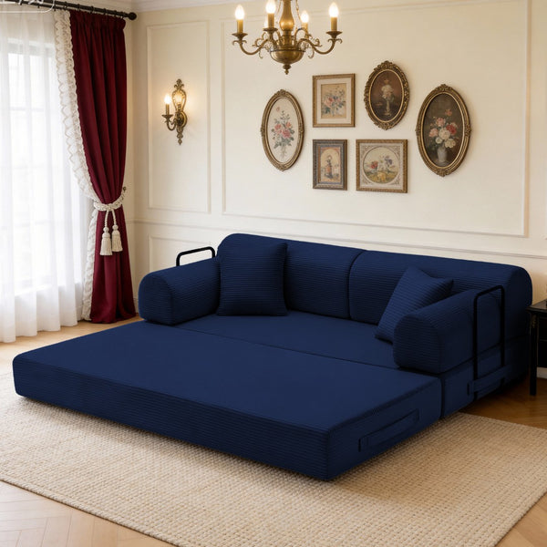 English Elm Convertible Corduroy Floor Sofa Folds Flat as Sleeper Daybed for Studio Living Blue W5532P438821