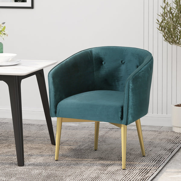 English Elm Christopher Knight Home® - DINING Arm Chair with Velvet Button Tufting, Modern Glam Tub Seat and Gold-Accent Iron Legs Teal 70727.00T