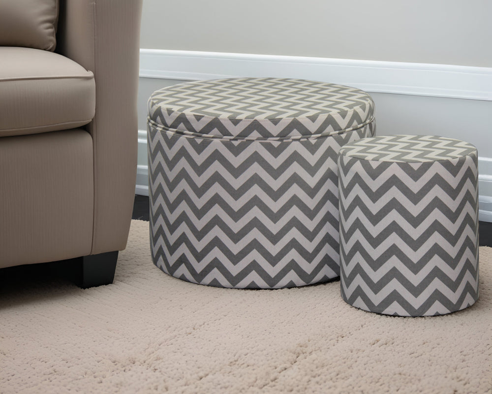 Homeroots Set Of Two Gray And White Polyester Blend Round Geometric Footstool Ottoman   469403
