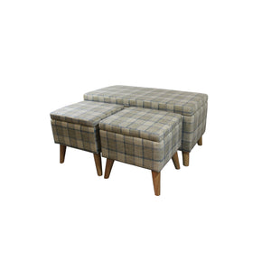 Homeroots Taupe Storage Bench And Ottoman Set - Stylish 3-piece With Storage, Comfort, And Elegant Plaid Design   469406