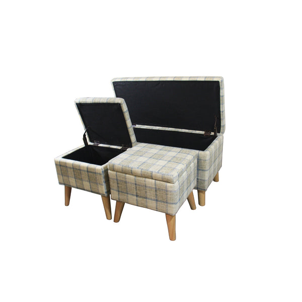 Homeroots Taupe Storage Bench And Ottoman Set - Stylish 3-piece With Storage, Comfort, And Elegant Plaid Design   469406