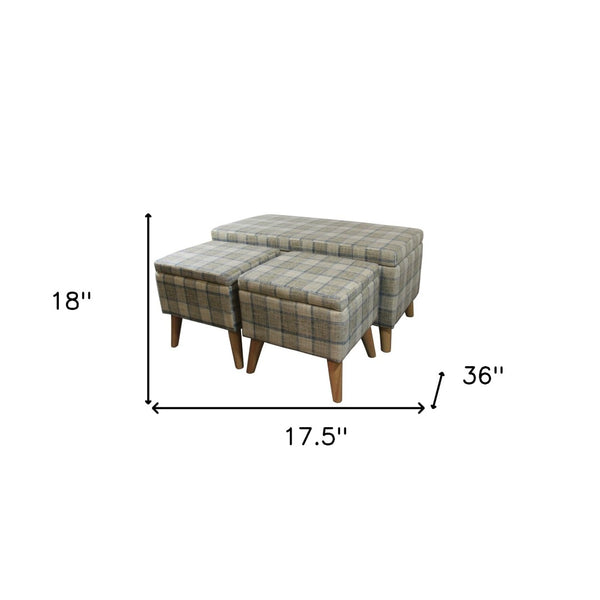 Homeroots Taupe Storage Bench And Ottoman Set - Stylish 3-piece With Storage, Comfort, And Elegant Plaid Design   469406
