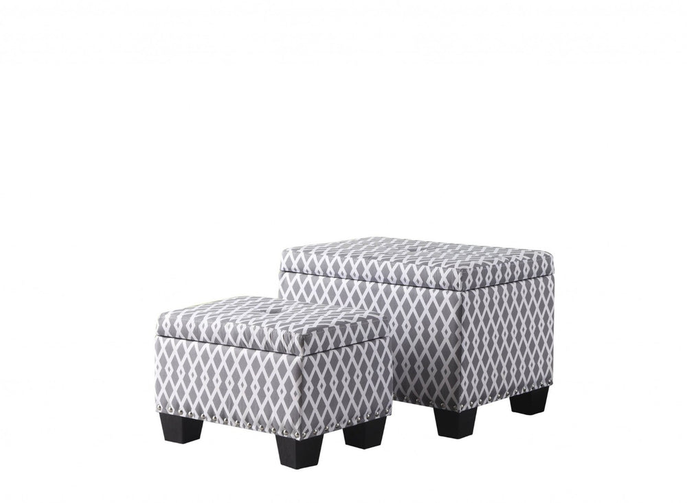 HomeRoots 17" Elegant Gray and White Tufted Storage Ottoman with Nailhead Trim for Stylish Home Décor 469413