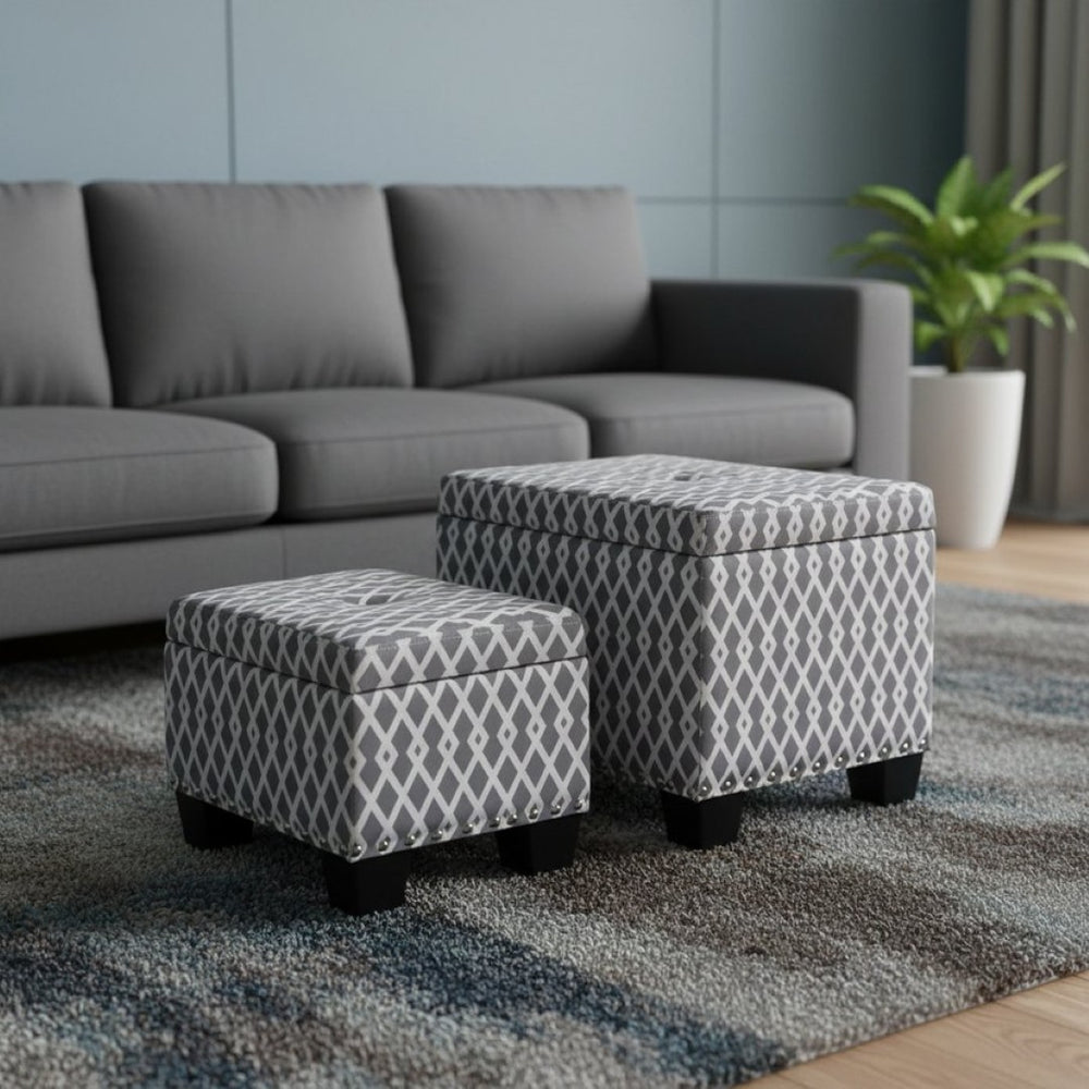 HomeRoots 17" Elegant Gray and White Tufted Storage Ottoman with Nailhead Trim for Stylish Home Décor 469413