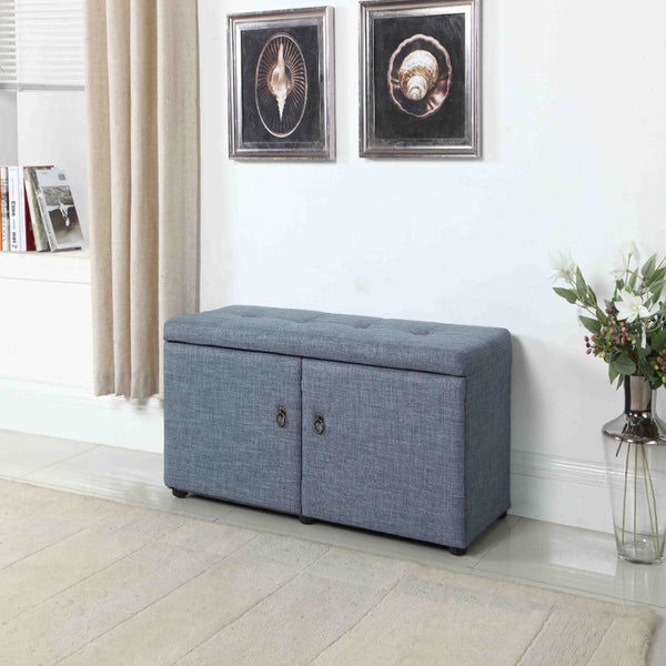 Homeroots Blue Gray Linen Look Double Door Shoe Storage Bench  Manufactured Wood 469431