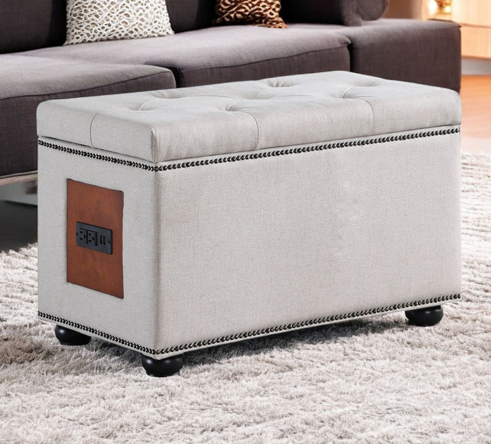 Homeroots 17" Light Khaki Linen And Black Tufted Storage   469435