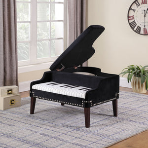 Homeroots Black Velour Baby Grand Piano Storage Bench Navy,Blue Manufactured Wood 469438