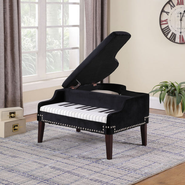 Homeroots Black Velour Baby Grand Piano Storage Bench Navy,Blue Manufactured Wood 469438