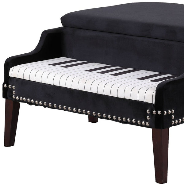 Homeroots Black Velour Baby Grand Piano Storage Bench Navy,Blue Manufactured Wood 469438