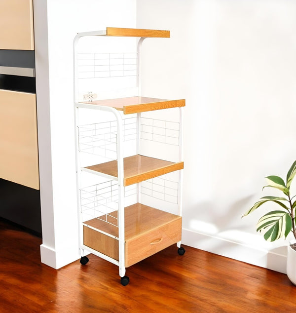 HomeRoots White Rolling Kitchen Cart – Versatile Storage Solution with Rustic Charm and Modern Functionality White and Natural 469466