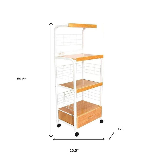 HomeRoots White Rolling Kitchen Cart – Versatile Storage Solution with Rustic Charm and Modern Functionality White and Natural 469466