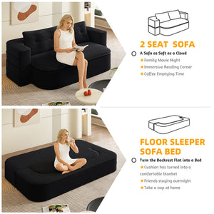 English Elm 78.7" Plush Corduroy Convertible Sleeper Sofa with Tufted Back and Foldable Floor Bed Black W3219P410146