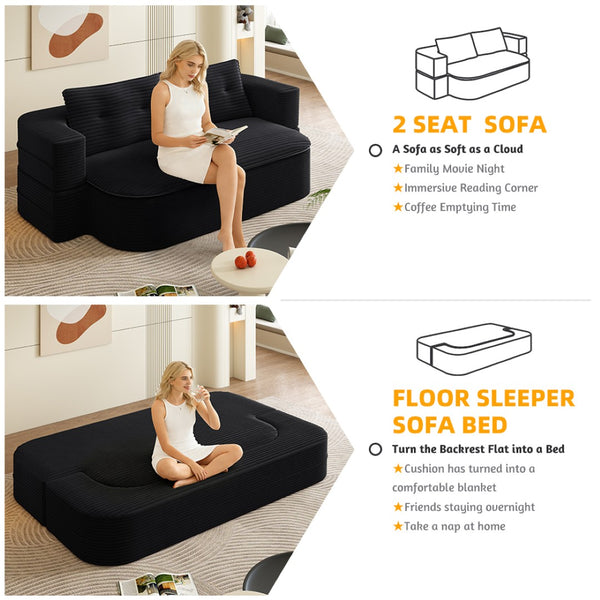 English Elm 78.7" Plush Corduroy Convertible Sleeper Sofa with Tufted Back and Foldable Floor Bed Black W3219P410146