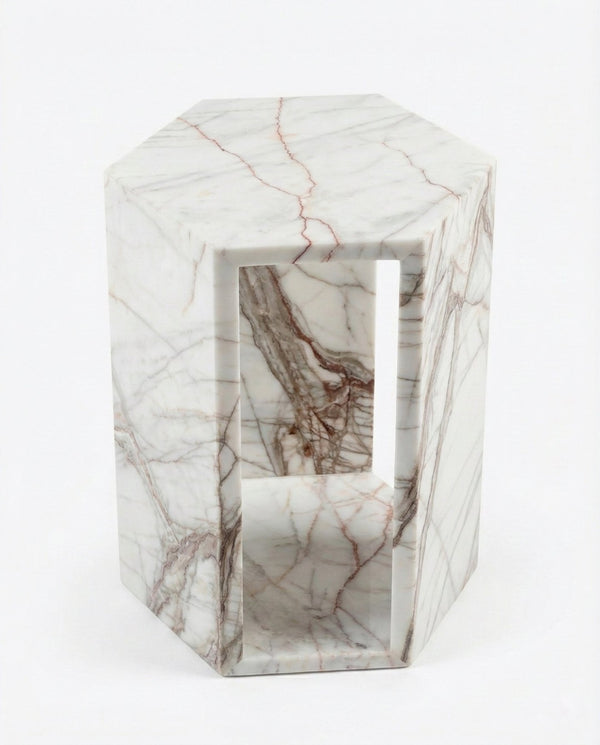 English Elm Genuine Solid Marble Hexagonal Pedestal End Table Polished Stone for Modern Living White+Multi W1696P408000
