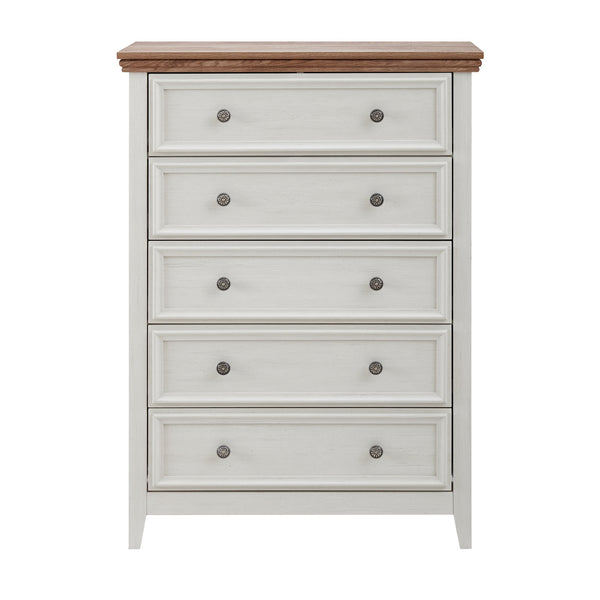 English Elm Modern 5-Drawer Dresser Tall Chest with Smooth-Glide Drawers, Metal Handles, Stable Feet, Beige Finish W2275P233488