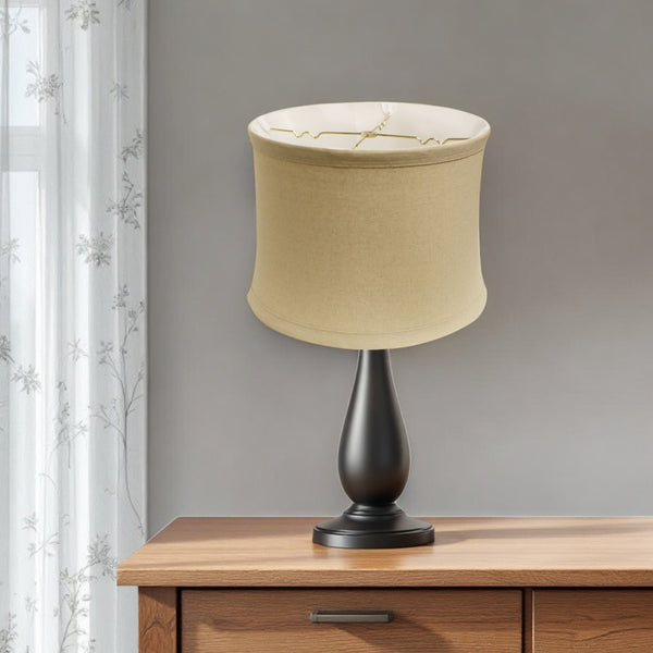 HomeRoots 15" Rosewood Trimmed Linen Drum Lampshade - Mid-Century Modern Design for Elegant Lighting Décor 469540