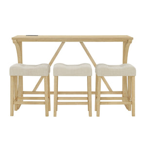 English Elm 59 Inch Bar Table Set with Power Outlet Rubberwood Frame and 3 Linen Stools Light Oak W2972P385256