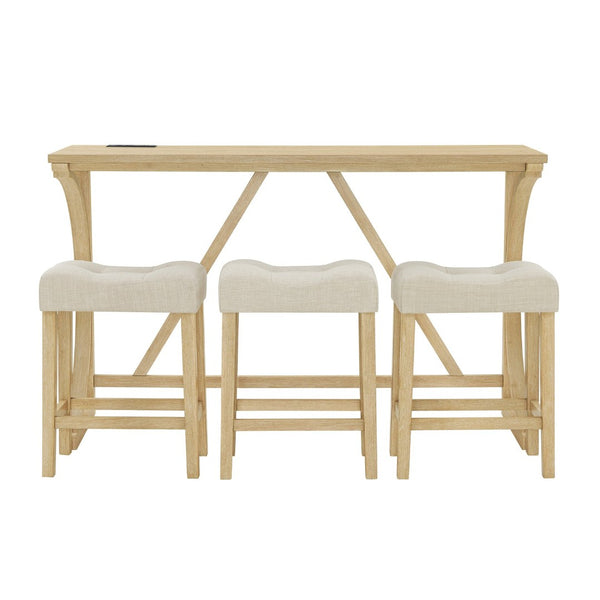 English Elm 59 Inch Bar Table Set with Power Outlet Rubberwood Frame and 3 Linen Stools Light Oak W2972P385256