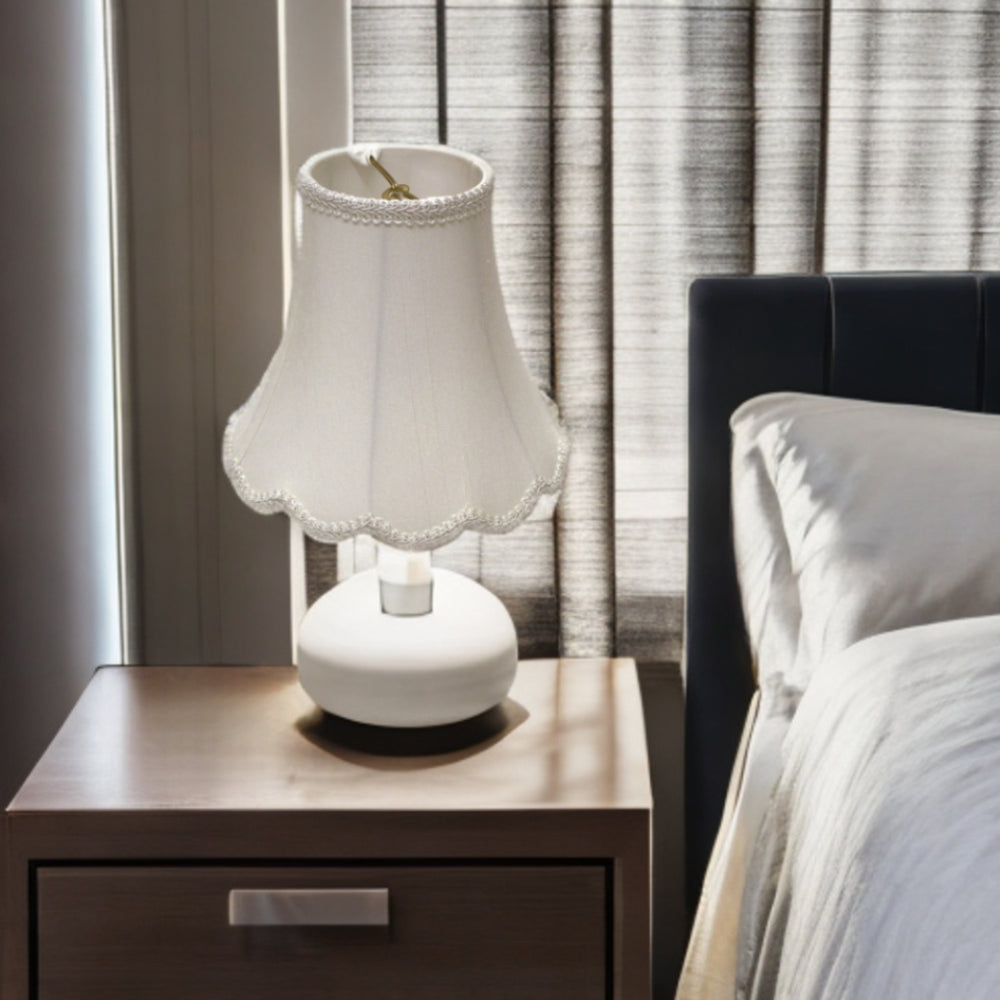 Homeroots 14" White Slanted Scallop Bell Monay Shantung Lampshade  Monay Shantung Silk 469575