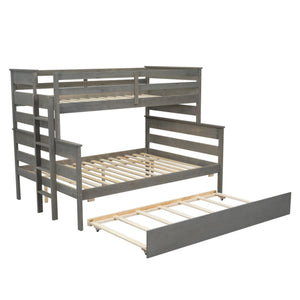 English Elm Wood Twin over Full Bunk Bed with Twin Trundle – Space-Saving Pine/MDF Triple Bed, Sturdy & Safe Design Grey GX000448AAE-1