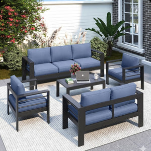 English Elm 5-piece Aluminum Outdoor Conversation Set Weatherproof Patio Lounge with Wpc Coffee Table Blue B082S00092