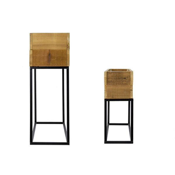 English Elm Set of 2 Rustic Wood Planter Boxes with Black Iron Stands for Farmhouse Decor W2078P496655