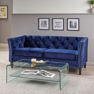 Christopher Knight Home® - Noble House - Chatwin Contemporary Tufted Velvet 3 Seater Sofa, Midnight Blue And Dark Brown