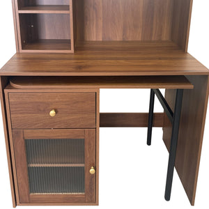 English Elm Computer Desk with Glass Doors, Hutch & Drawer Storage, Rotating 90° Desktop and Spacious Work Surface Walnut W331S00195