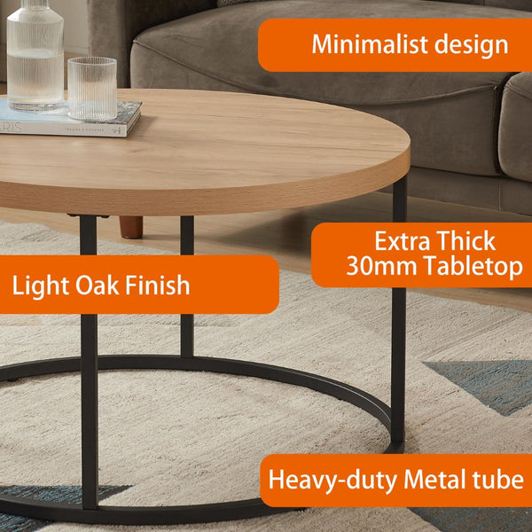 English Elm 31.5" Round Oak Finish Coffee Table Matte Black Steel Base for Modern Living Rooms Oak W3151P352763