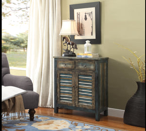 English Elm Glancio Antique Oak & Teal Console Cabinet with 2 Drawers, Shutter Doors, Bronze Pulls, Rustic Charm B2726P251800