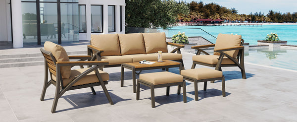 English Elm 6-piece Outdoor Conversation Set with Acacia Wood Accents and Steel Frame Patio Seating Brown N704G201256D