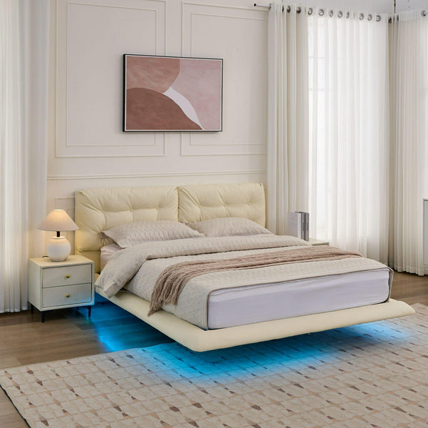 English Elm Christopher Knight Home® - Queen Plush Leather Upholstered Bed Frame with Wingback Headboard, Wavy Footboard, Quiet Support White 37.59 L x 32.25 W x 13 H N761S0000022W