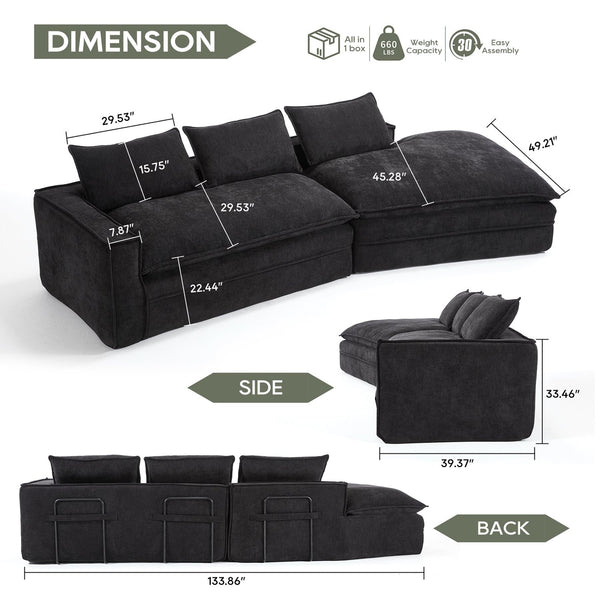 English Elm Modern Minimalist Modular Sectional Sofa - Versatile Upholstered Cloud Couch With Right Chaise In Black W2959S00012