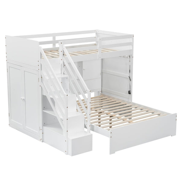 English Elm Twin Over Full Bunk Bed with Wardrobe Storage Stairs Shelves and Usb Charging White LT000292AAK