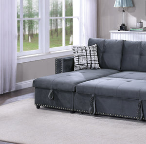 English Elm Gray Velvet Convertible Sectional Sofa with Pull-Out Bed, Reversible Storage Chaise, Tufted Elegance B011S01024