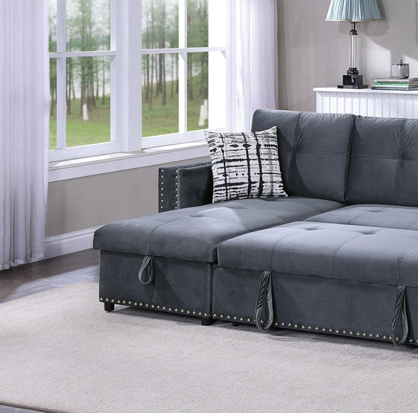 English Elm Gray Velvet Convertible Sectional Sofa with Pull-Out Bed, Reversible Storage Chaise, Tufted Elegance B011S01024